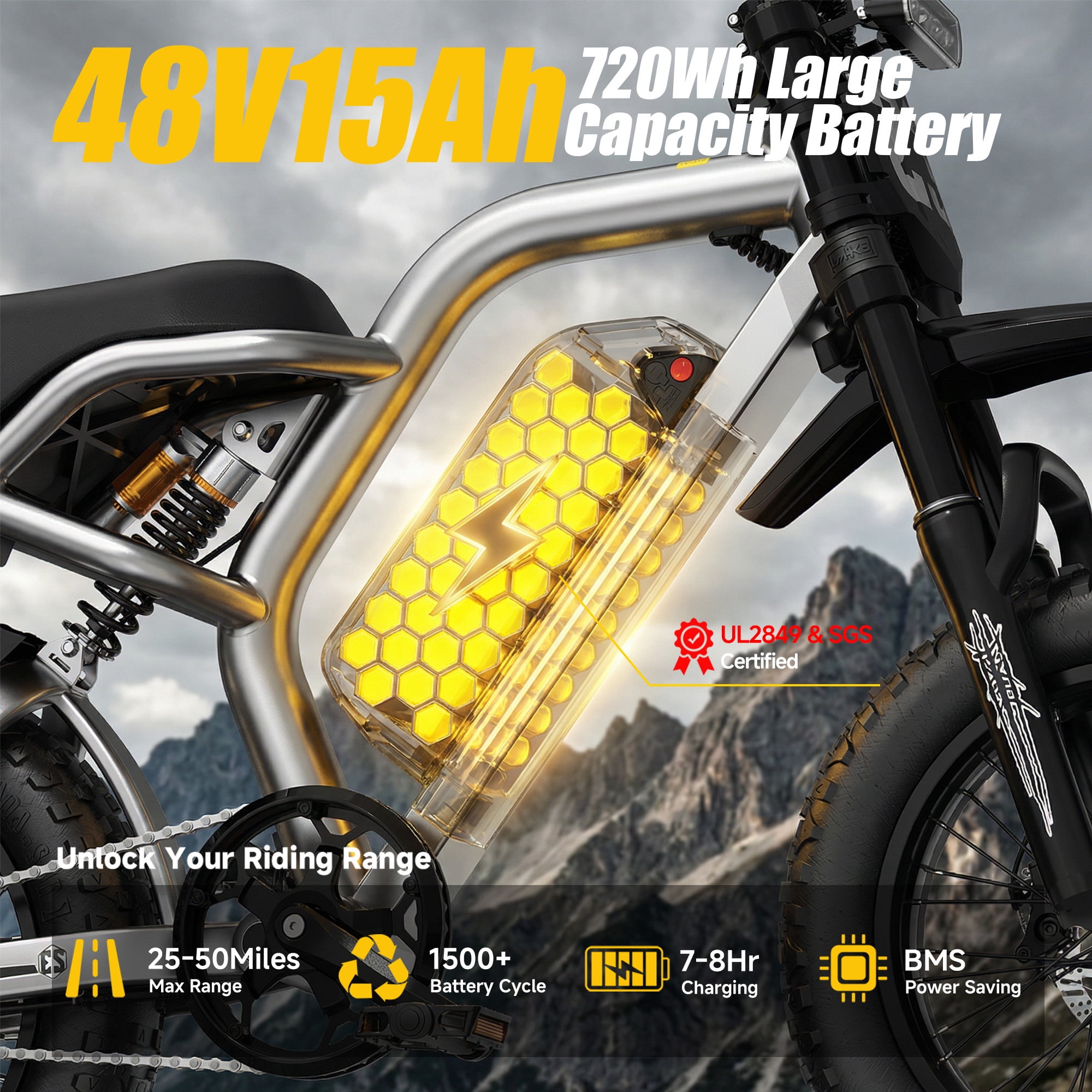 HiKeep Electric Bike for Teenagers, 750W 1500W Peak Dirt Bike, 48V 15Ah Battery Ebike, 25MPH E-Mountain Bike, 16x3.0 Fat Tire, UL2849