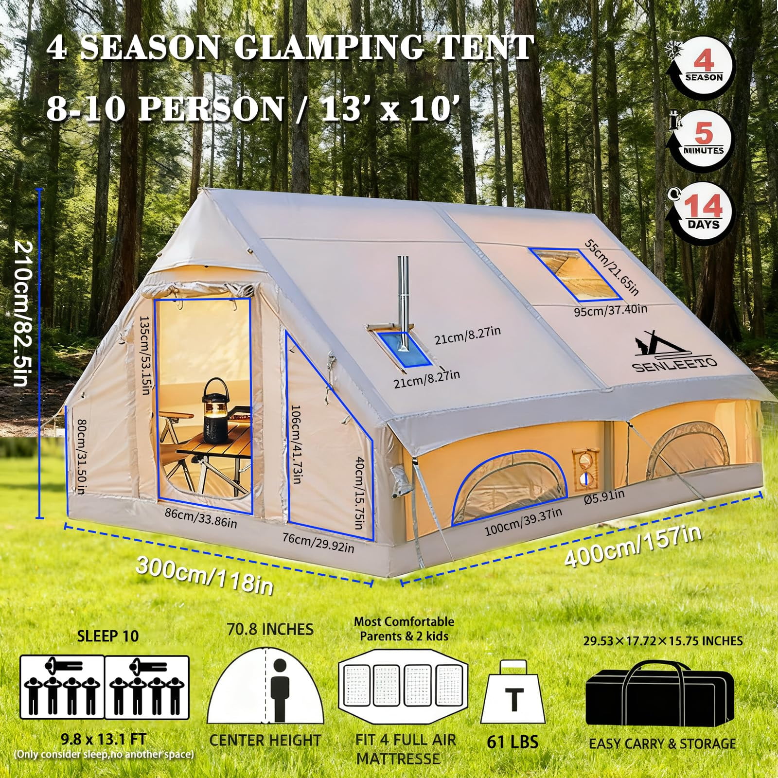 Inflatable Camping Tents 4/6/8/10 Person,131 Square Feets Large Blow up Tent with Stove Jack