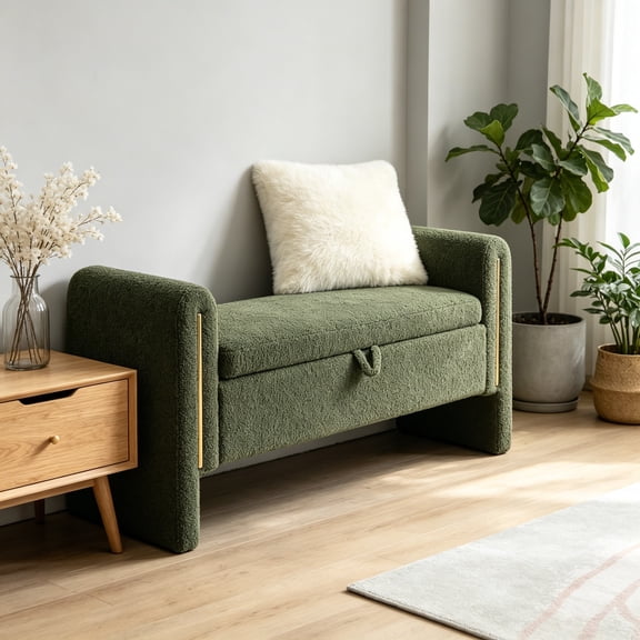 52" Storage Ottoman Bench, Teddy Upholstered Storage Bench with Armrest, Entryway Bench with Pull-Ring, End of Bed Bench, Window Bench for Living Room, Olive Green