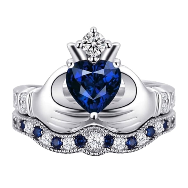 2Pcs compromiso de diamantes de imitación azul en el anillo de la mano completa Zirconia anillo solitario Set 5 12