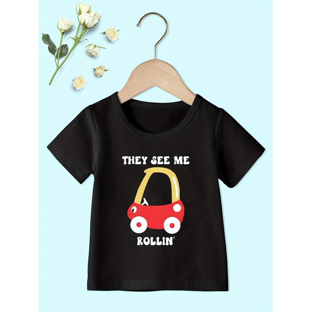 Boys' Short Sleeve "They See Me Rollin'" Cotton T-Shirt – Crew Neck, Casual Style, 100% Cotton, Graphic Print
