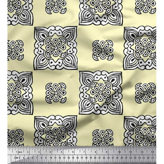 Soimoi Japan Crepe Satin Fabric Floral Block Print Fabric by Yard 42 Inch Wide