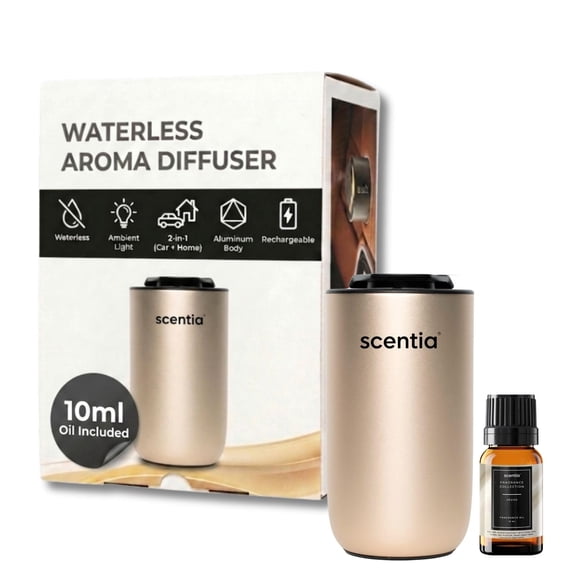 Scentia Minipod Waterless Portable Mini Oil Diffuser, 3 Mist Levels, Home & Car Use Gold, 36-Hr Battery, Motion Auto On/Off