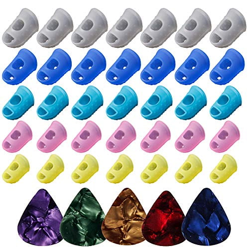 40pcs Guitar Silicone Finger Protector,Color Fingertip Protection Covers Caps in 5 Sizes for Beginner Playing Ukulele Electric Guitar and 5 Guitar Picks
