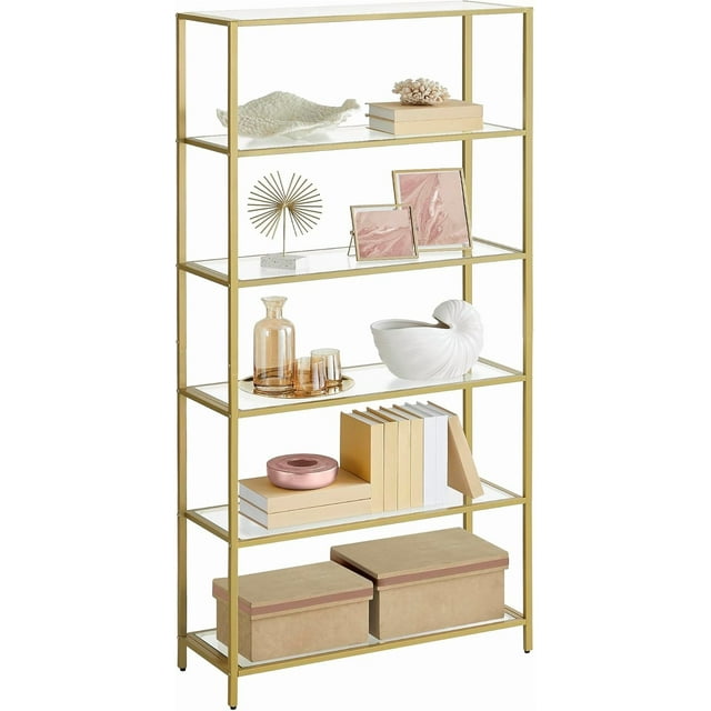 - Glass Shelf Bookshelf Storage Rack Tempe Glass Easy Assembly for Bathroom Living Room Bedroom Office Pale Gold ULGTG