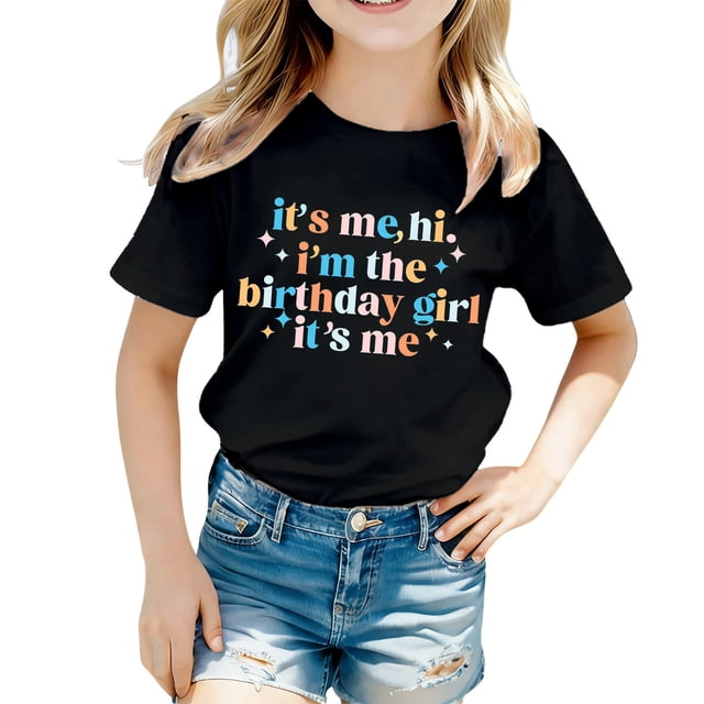 SUXIAN Chemises Filles Décontracté T-Shirt à Manches Courtes avec Imprimé Intégral Col Rond Haut Jeu et École Tissu Confortable et Doux Col Ras du Cou Chemises d'École Noir 4-5 Ans