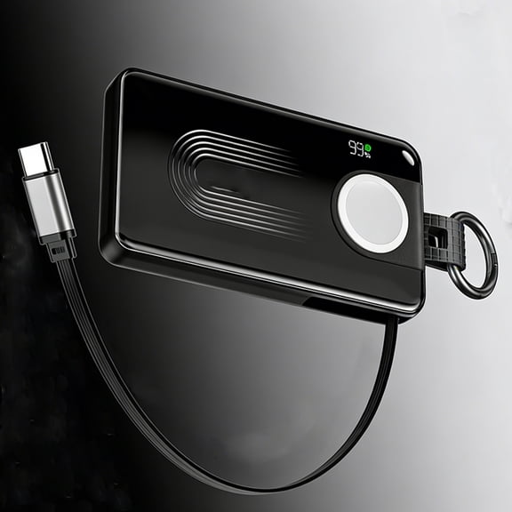 2-in-1 Portable Charger | Apple Watch Wireless Charging   Retractable Type-C Cable | Travel Power Bank，Black