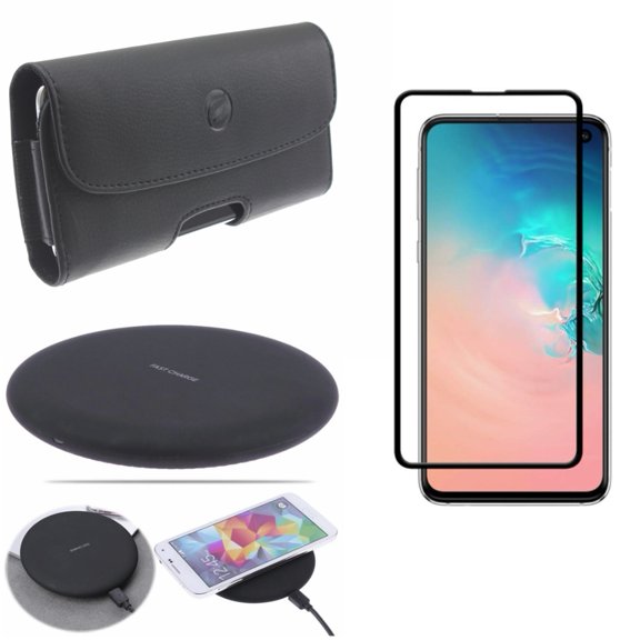 Galaxy S10e Screen Protector w Wireless Charger w Case Belt Clip - Tempered Glass 5D Curved Edge, Fast 7.5W and 10W Charging Pad, Leather Holster Cover for Samsung Galaxy S10e Phone