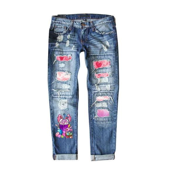 Bmisegm Women's Valentine Love Jeans Printed Holes Casual Women's Denim Pants Y2K Jeans for Women Pink M