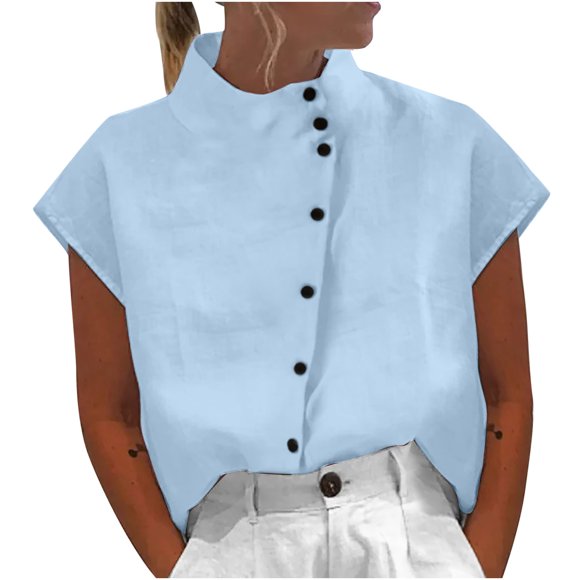 EGNMCR T Shirts for Women Women's Summer Fashion Casual Loose Button Cotton Linen Standing Collar Casual Shirt