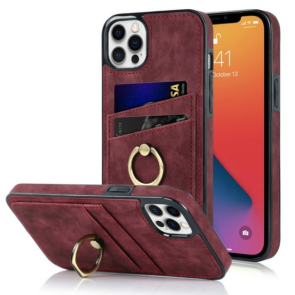 Mantto for iPhone 12 Pro Max 6.7 inch Back Case,Luxury PU Leather Soft TPU Card Slots with Ring Bracket Shockproof Anti-Drop Slim Phone Cover.For iPhone 12 Pro Max,Winered