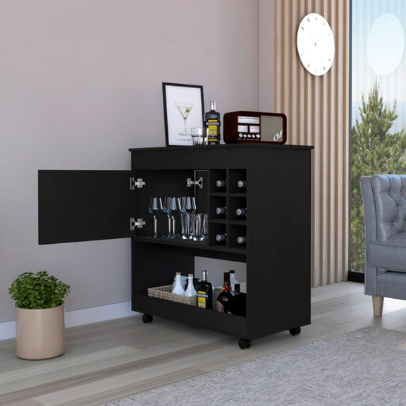 6 Bottle & 1 Cabinet Bar Cart, Black Surface - Trendsetting Cart: , For Efficient Storage