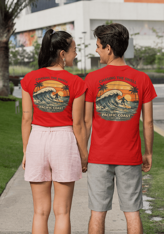 Chasing the Swell Surf T-Shirt – Pacific Coast Wave Graphic Tee, Vintage Beach Surf Shirt, Front & Back Print Unisex Crewneck