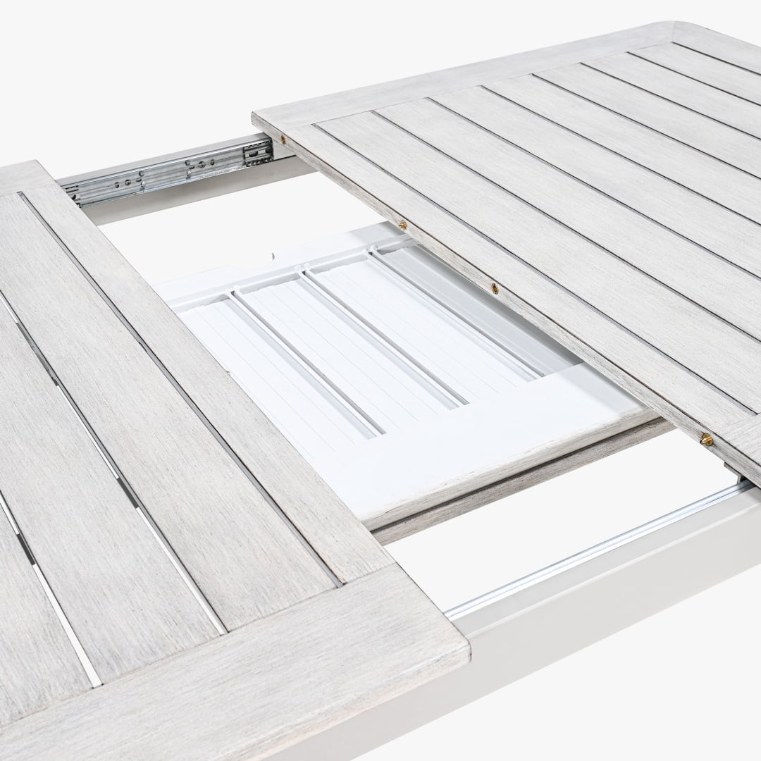 97 in Expandable Patio Outdoor Dining Table with U-Shape Legs for 6-8 Person, Distressed White