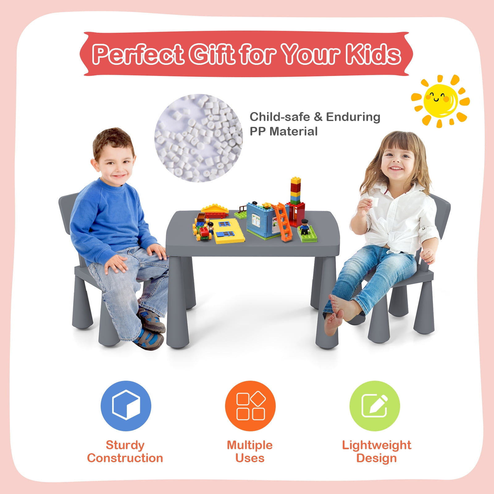 Gymax Kids Table & 2 Chairs Set Toddler Activity Play Dining Study Desk Gray
