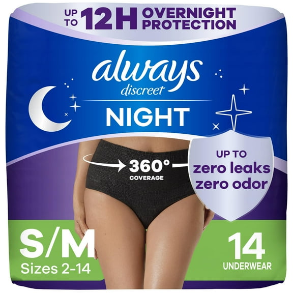 Always Discreet Adult Incontinence Overnight Underwear for Women, Small/Medium, Up to 100% Bladder Leak Protection, 14 Count