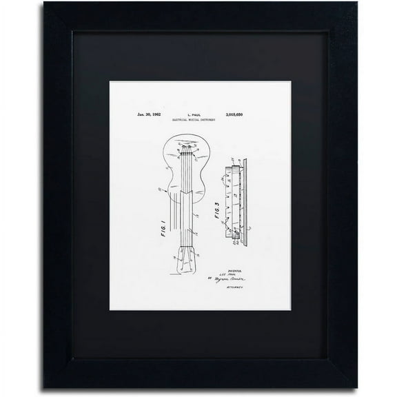 Trademark Fine Art "Gibson Electric Guitar Patent White" Canvas Art by Claire Doherty, Black Matte, Black Frame