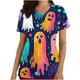 thumbnail image 4 of AGWOLF Scrub Print Top Woman Halloween Novelty Ghost Pattern Scrub Tops Short Sleeve V-Neck T-Shirts Nurse Uniform Workwear T Shirts with Pockets, 4 of 5