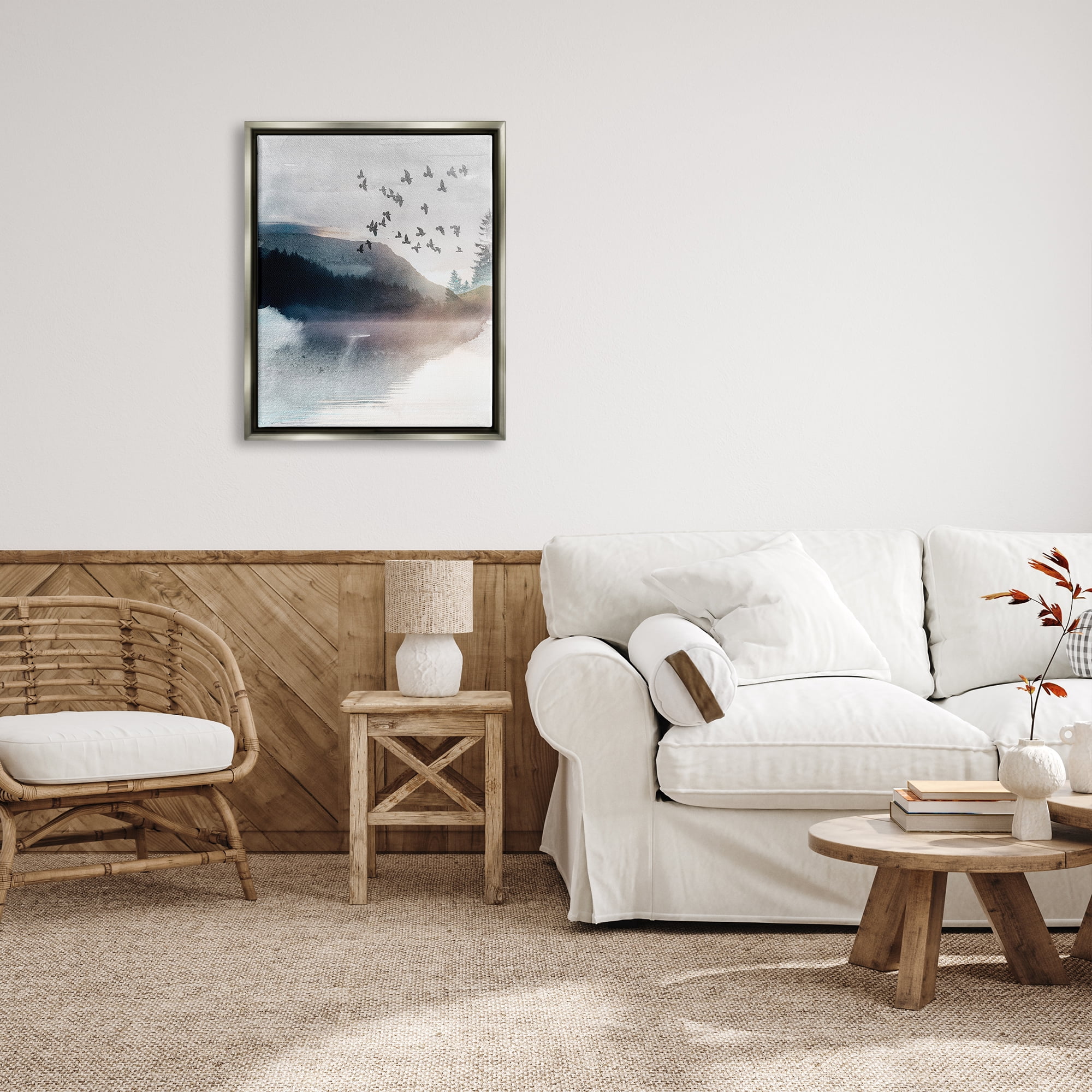 Stupell Industries Abstract Birds Over Lake Nature Painting Gray Floater Framed Art Print Wall Art, 25 x 31