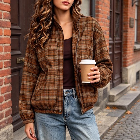 Xdegoge Bomber Jackets for Women Fall Plaid Stand Collar Long Sleeve Zip Up Outerwear Fall Winter Lightweight Casual Vintage Streetwear Coats Brown M