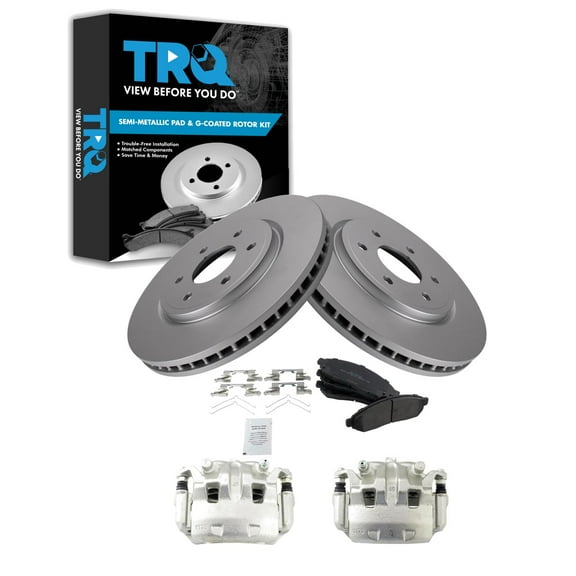 TRQ Front Brake Pad & Rotor Kit Brake Caliper Brake Pads Brake Rotor Semi-Metallic Premium G-Coated Fits Select 2005-2019 Nissan Frontier 2005-2012 Pathfinder 2005-2015 Xterra