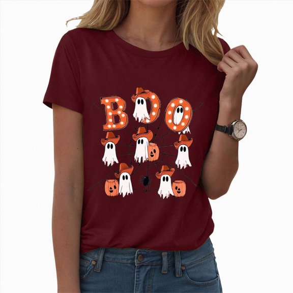 TOWED22 Halloween Boo Shirts for Women Funny Halloween Ghost Tshirts Fall Spooky Pumpkin Gift Top(Wine,S)