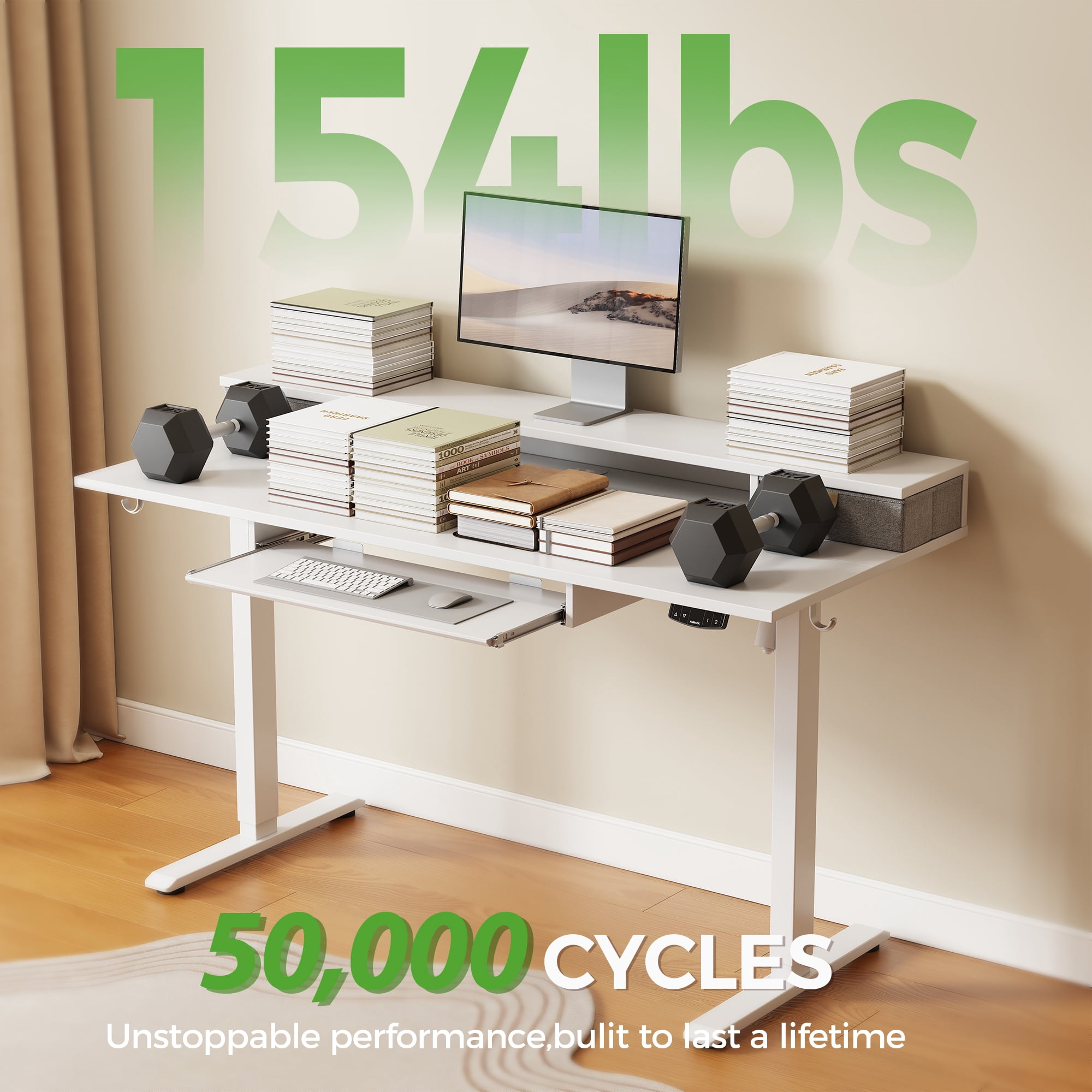 55.1 Inch Electric Standing Desk with 2 Drawers & Keyboard Tray, Adjustable Home Office Desk Ergonomic Sit to Stand Computer Desk with Hooks for Gaming & Work,White