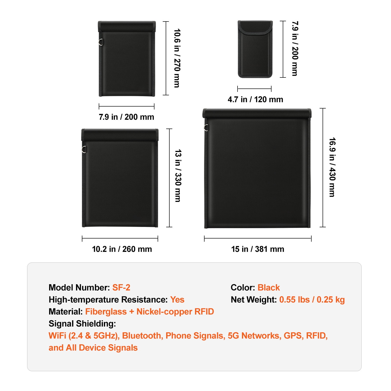 KFFKFF Faraday Pouches, Set of 4, for Laptop (16.9x15"), Tablet (13x10.2"), Phone (7.87x4.7") & Radio (10.6x7.8"), Fire-Resistant Signal Blocker, Secure Anti-Theft & Anti-Hacking Cases