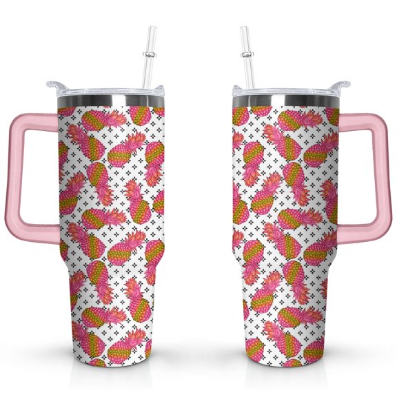 40oz Tropical Pineapple Pattern Stainless Steel Flip Straw Tumbler Spill Proof Travel Cup Double Wall Vacuum Insulated Coffee Mug with Top Handle