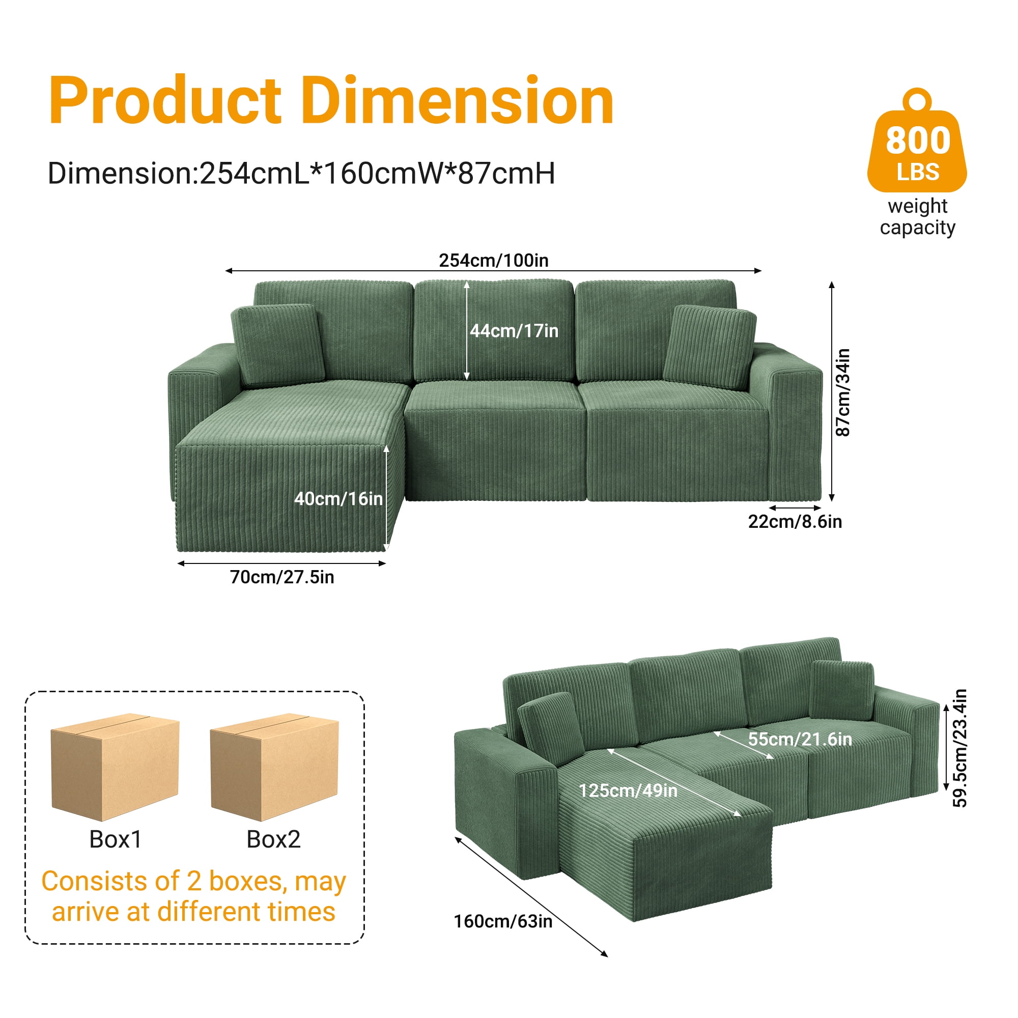 Solid Wood Frame Corduroy Sofa Couch, Neche 100" Sectional for Living Room, L-Shaped, Green