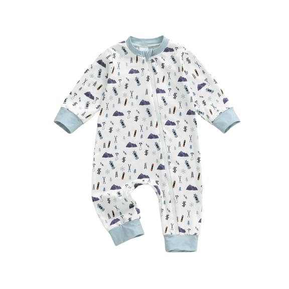 BemeyourBBs Newborn Baby Boy Ski Outfits Zipper One Piece Romper Long Sleeve Round Neck Ski Print Jumpsuit Fall Winter Spring Clothes