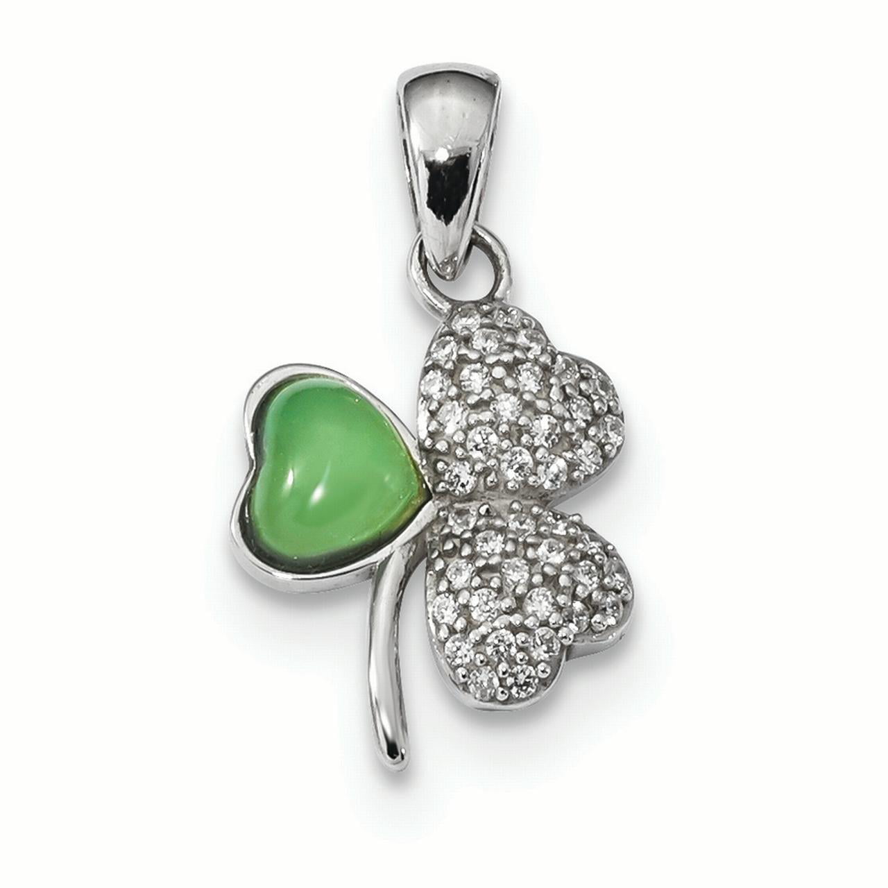 Cubic Zirconia & Green Jade Clover Pendant 925 Sterling Silver Rhodium-Plated Polished CZ