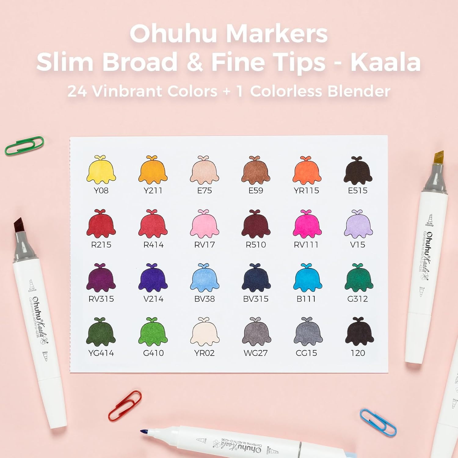 Alcohol Markers - Double Tipped Art Marker Set for Artists Adult Coloring - Alcohol-based Refillable Ink - 24 Basic Colors - Slim Broad & Fine Dual Tips - Kaala Markers Pen Gift