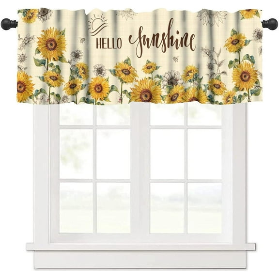 Sunflower Summer Valance Curtain, Rustic Farmhouse Flower Vintage Floral Sunshine Bees Butterfly Window Treatment Valances for Home Kitchen Bedroom Living Room Café Décor 54x18inch