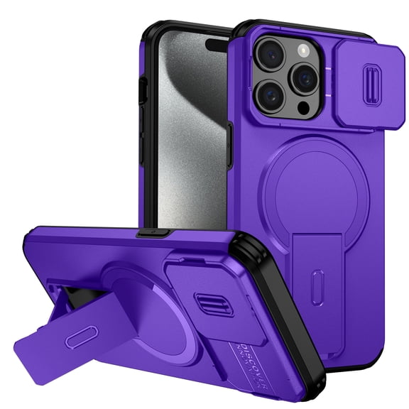 Sanwo for iPhone 15 Pro Magnetic Case with Slide Lens Cover and Hidden Kicktand, PC TPU Shockproof, Wireless Charging Compatible,Purple