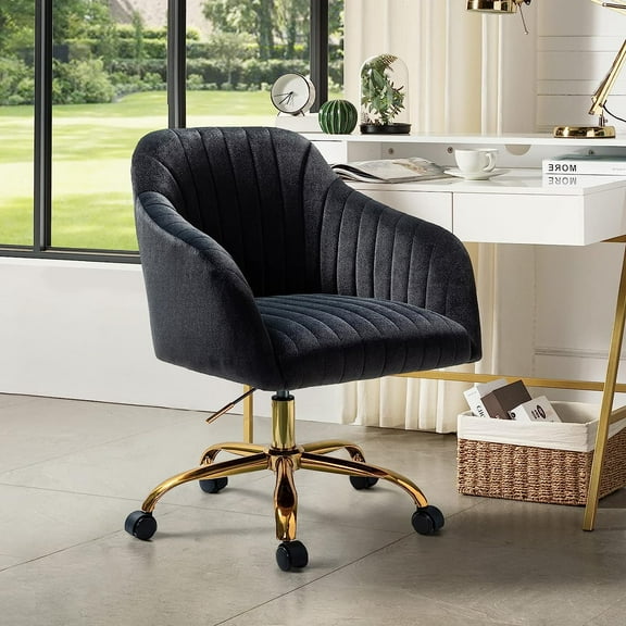 HULALA HOME Velvet Home Office Desk Chair, Modern Cute Computer Task Chair, Wheels Swivel Height Adjustable Upholstered Vanity Chair for Women, Girls (Gold Base, Black)