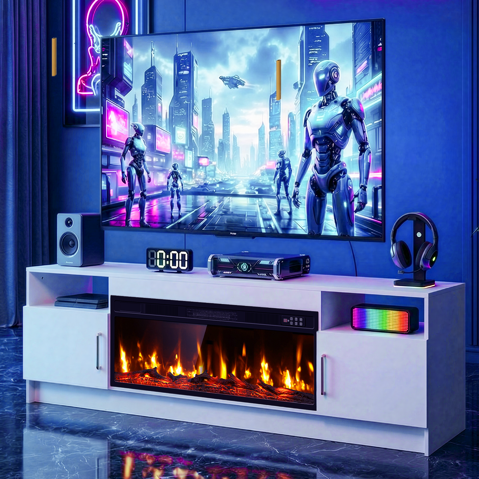 Flictozena 70" TV Stand with 36-Inch Electric Fireplace, Adjustable LED Lights & Storage | Fits TVs Up to 80 Inches | Modern Entertainment Center with Glossy White Doors