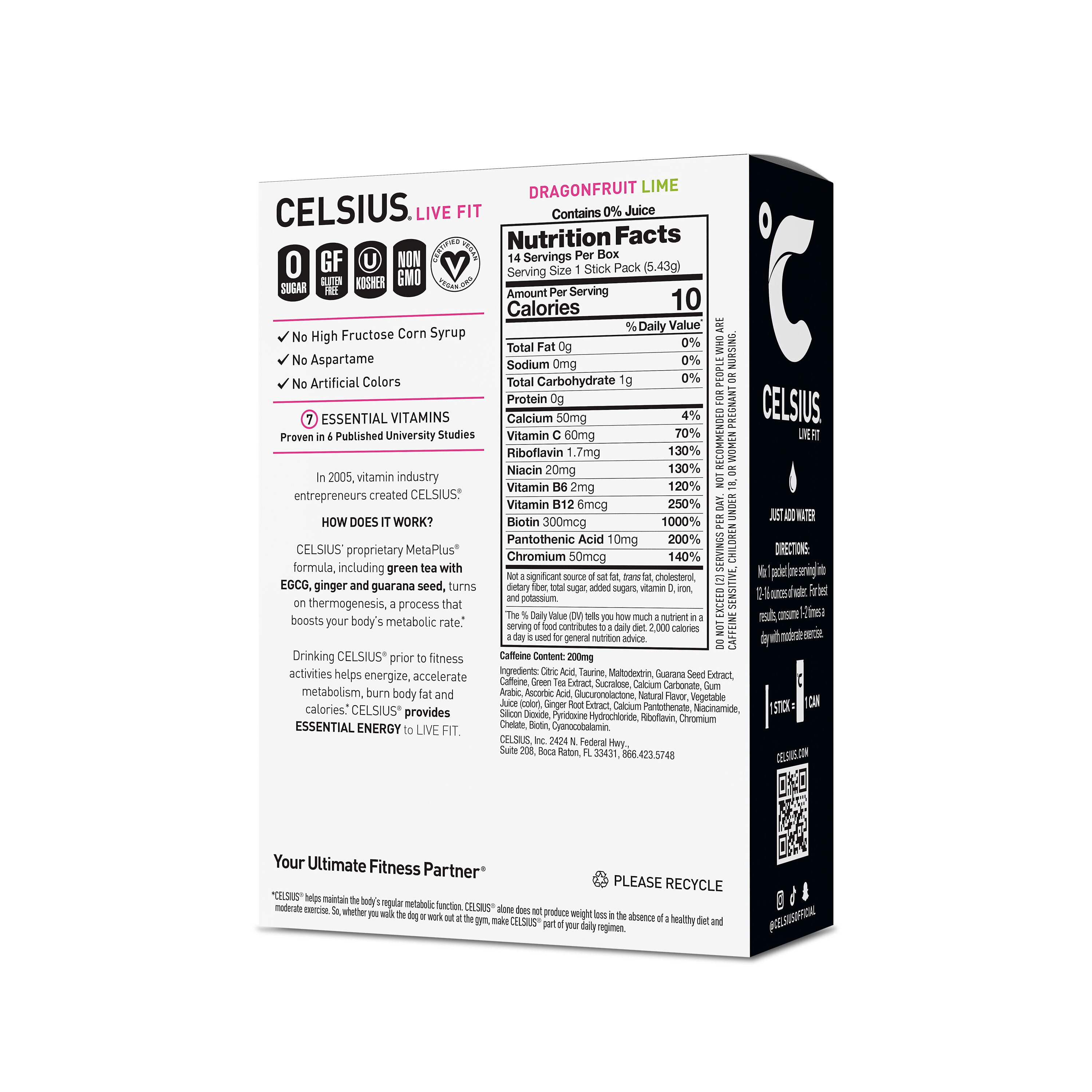 (3 pack) CELSIUS On The Go Energy Drink Mix, Dragonfruit Lime (14 Stick Pack)