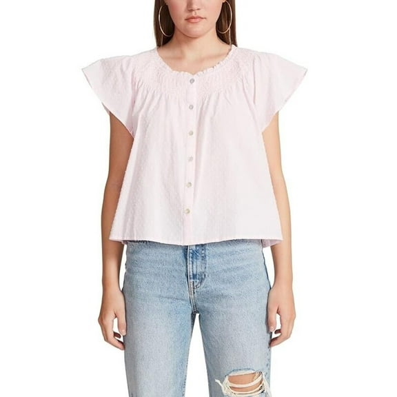 BB Dakota by Steve Madden Fairy Dust Top Womens M Pink Smocked Swiss Dot JDM1028 (Pink,Regular,M)