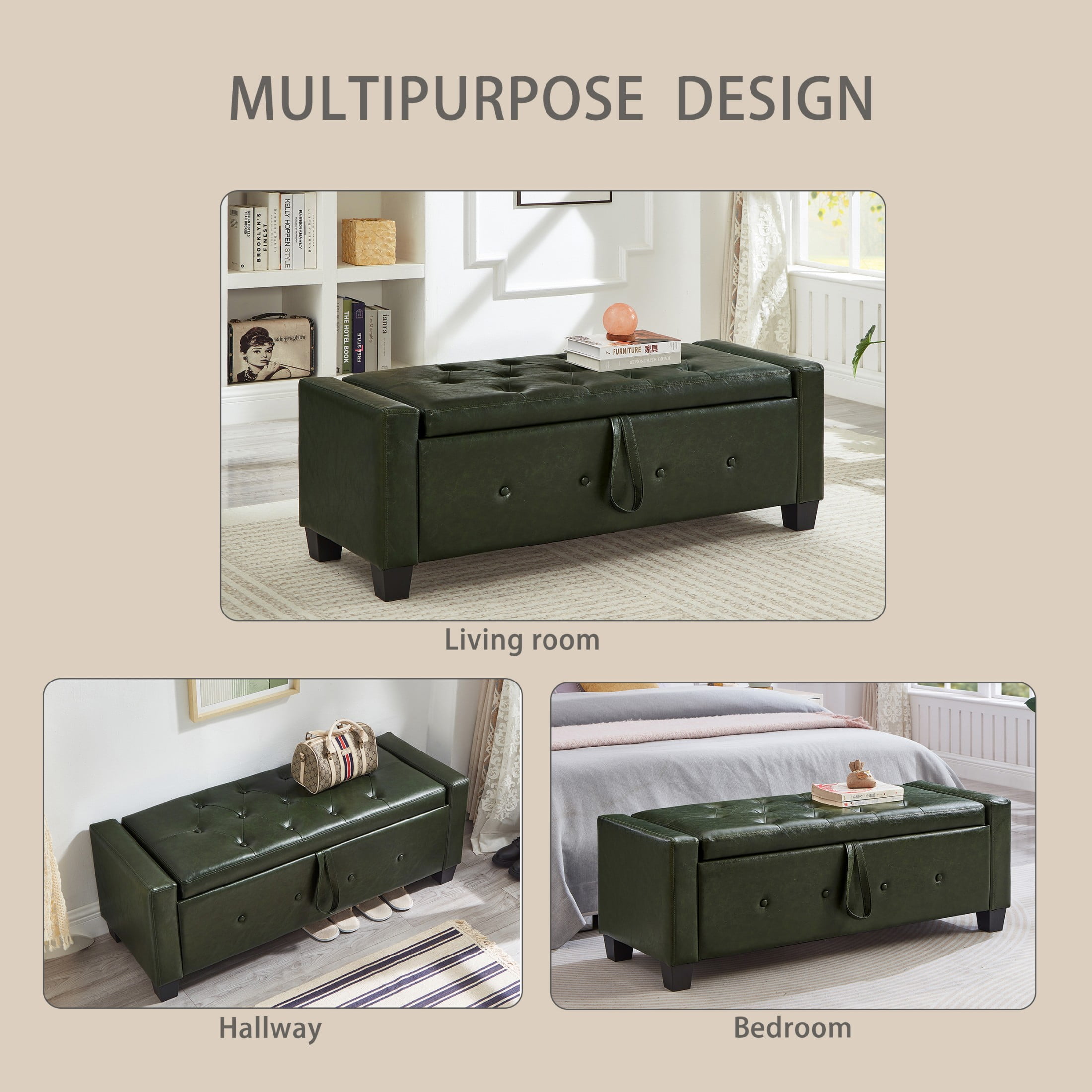 Aukfa 48" Storage Ottoman Bench with Safety Hinges, Upholstered Tufted Faux Leather Bench for Bedroom, Living Room & Entryway, Dark Green