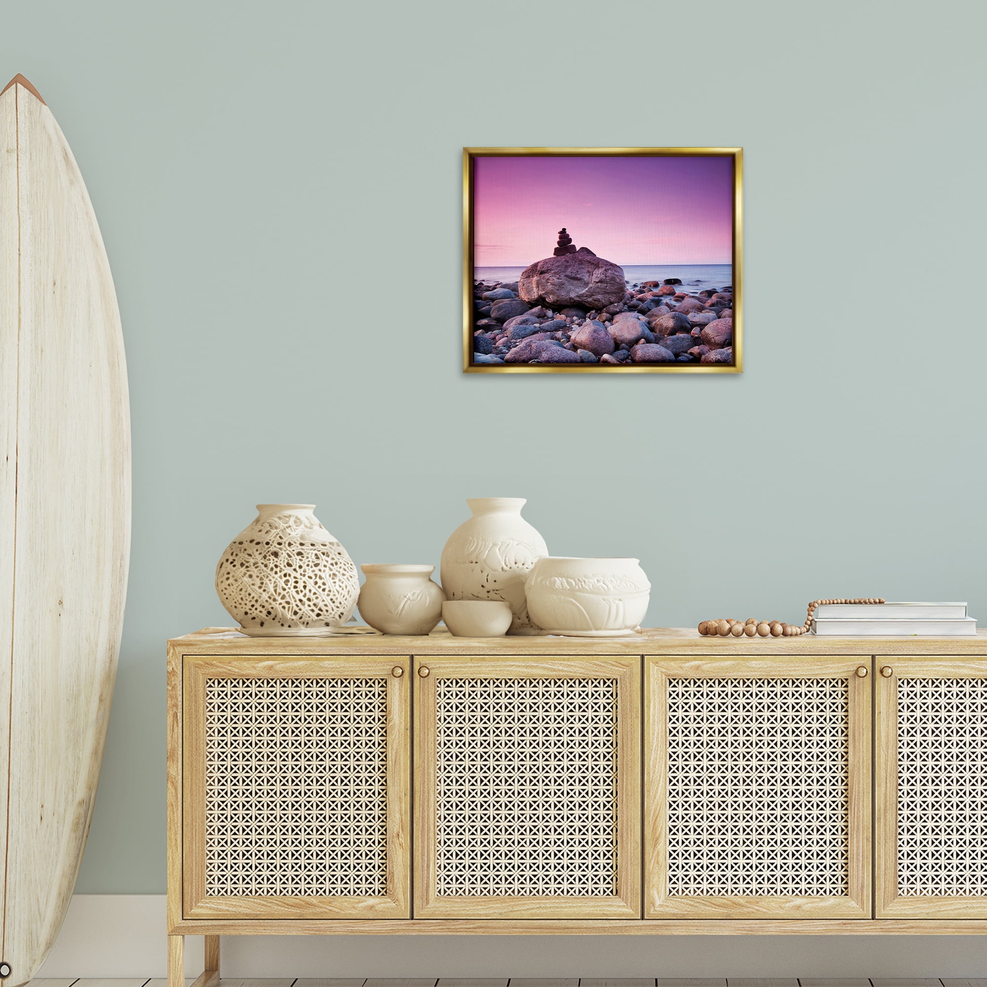 Stupell Industries Stacked Rocks on Shore Nautical & Beach Photography Gold Floater Framed Canvas Art Print Wall Art, 21 x 17