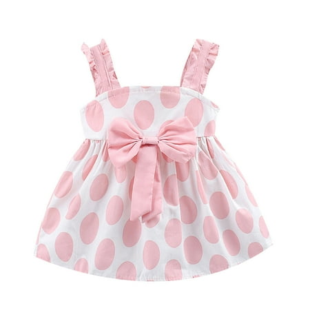 

nsendm Summer Dresses Large Dress Summer Print Bow Dot Dresses Toddler Princess Strap Baby Girls Kids A Line Dress Pink 100