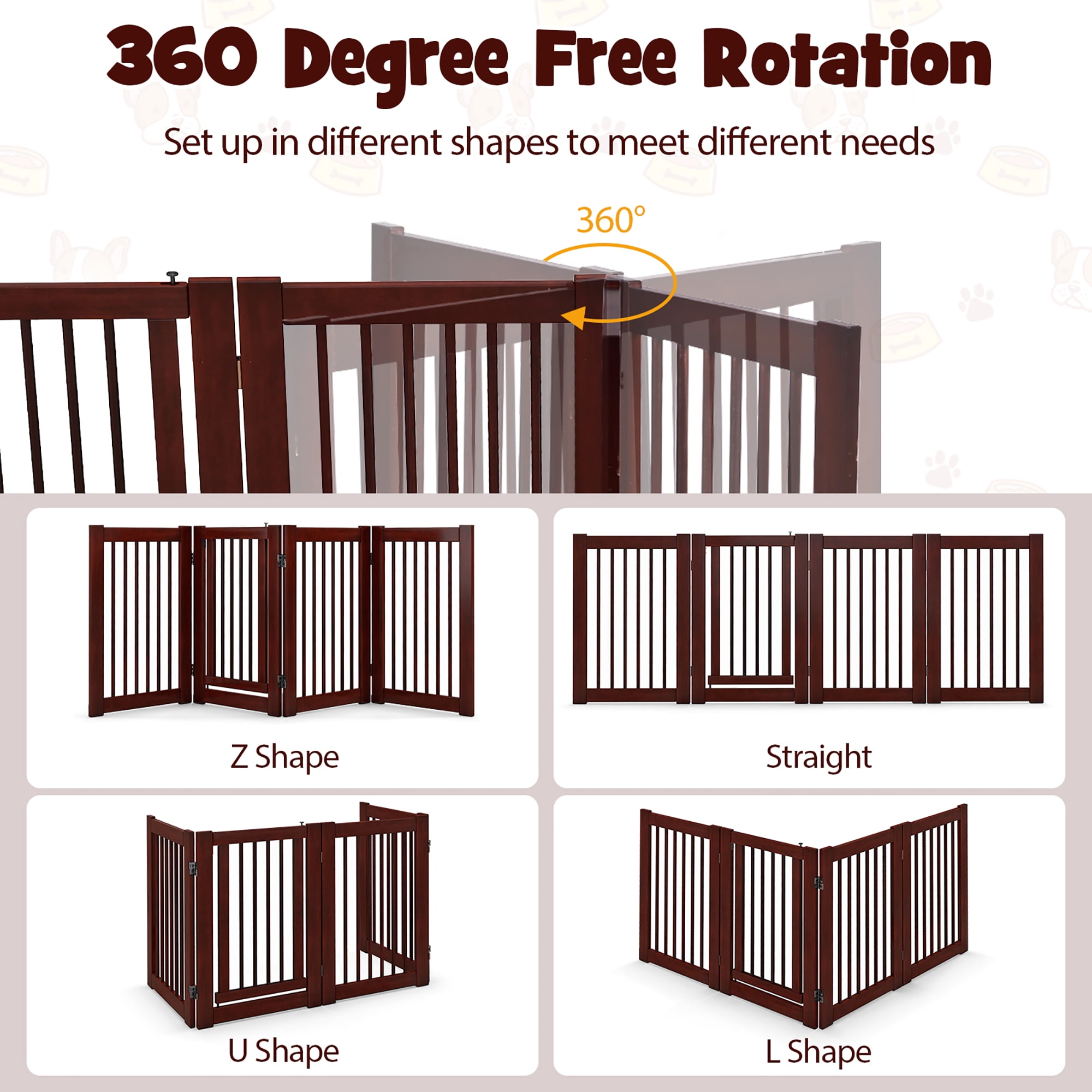 Gymax Freestanding Pet Gate 30'' Tall 4-Panel Wooden Dog Fence Solid Wood Foldable
