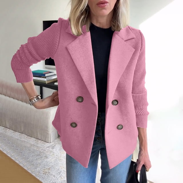 IMENGL Manteau Court à Manches Courtes patchwork Tricoté à Col Rabattu, Rose 4TG, Taille M-5TG