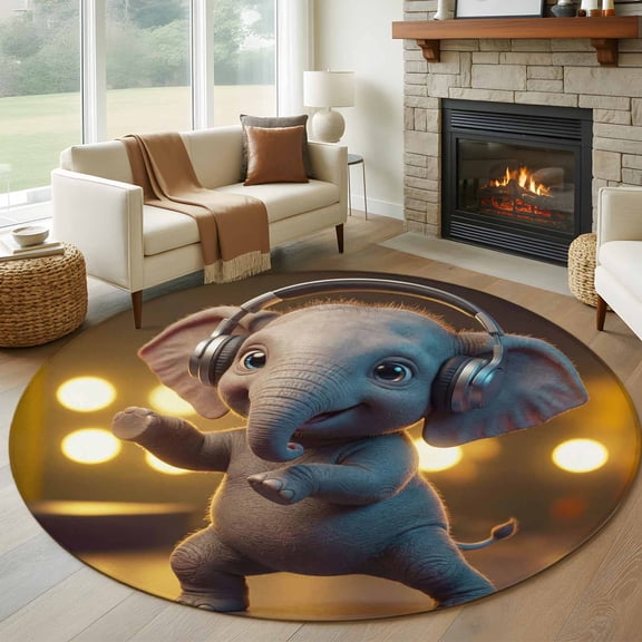 Cute Elephant Round Area Rug 6Ft Washable Circle Rugs for Bathroom Office, Funny Abstract Animals Print Non-Slip Carpet Floor Mats Indoor Outdoor Carpet Runner Aesthetic Home Decor