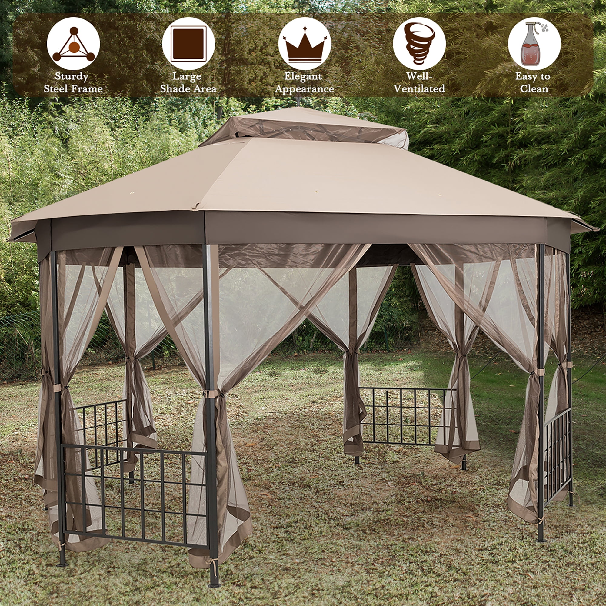 Costway 10' x 12' Octagonal Patio Gazebo Canopy Shelter Double Top W/Netting Sidewalls