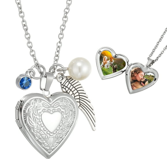 Heart Locket Necklace for Women with March Light Blue Birthstone Pendant and Wing Charm&Pearl Locket Necklace Heart Pendant for Women That Holds Photo Valentines Birthday Gift