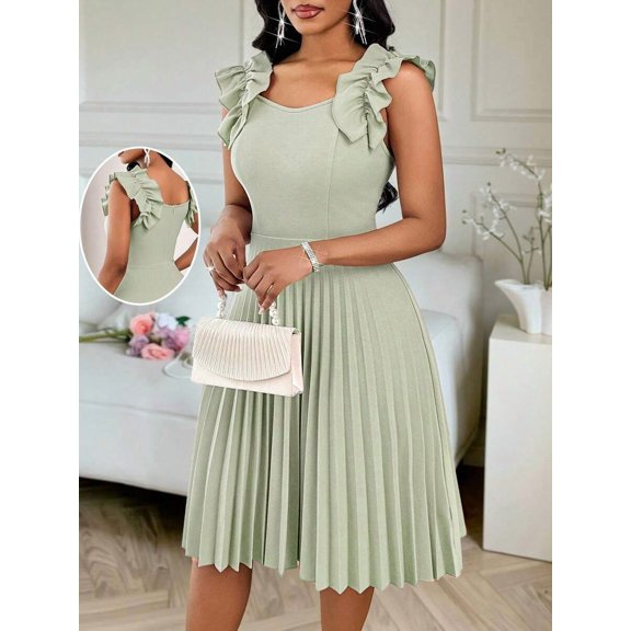 Mint Green Ruffle Shoulder Pleated Fit & Flare Midi Dress For Women Elegant
