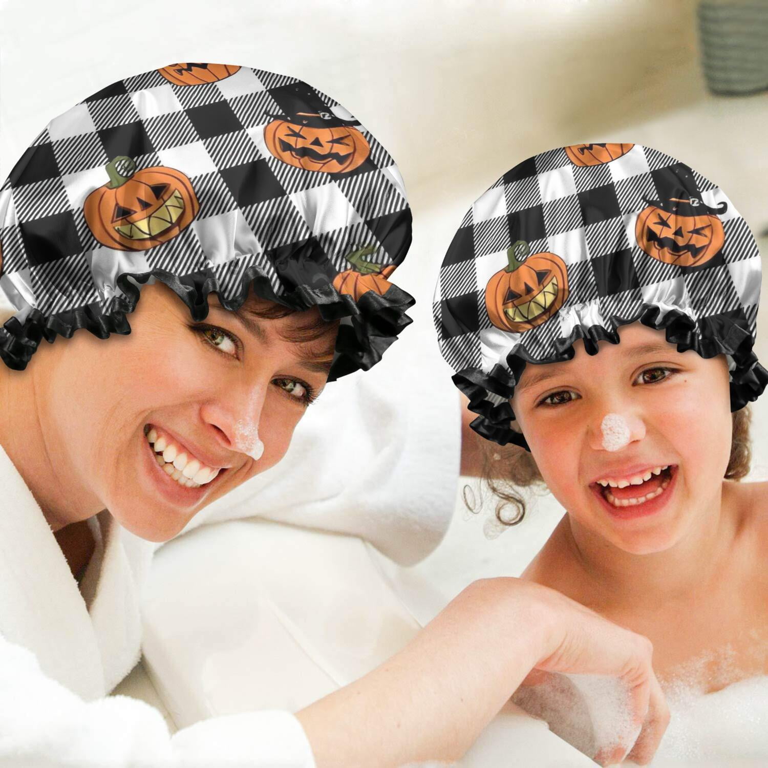 Shower Caps,Checkered Halloween Pumpkin Pattern Waterproof Shower Cap for Women 4 Pieces,Double Reusable Hair Cover for Shower PEVA Elastic Stretch Hem