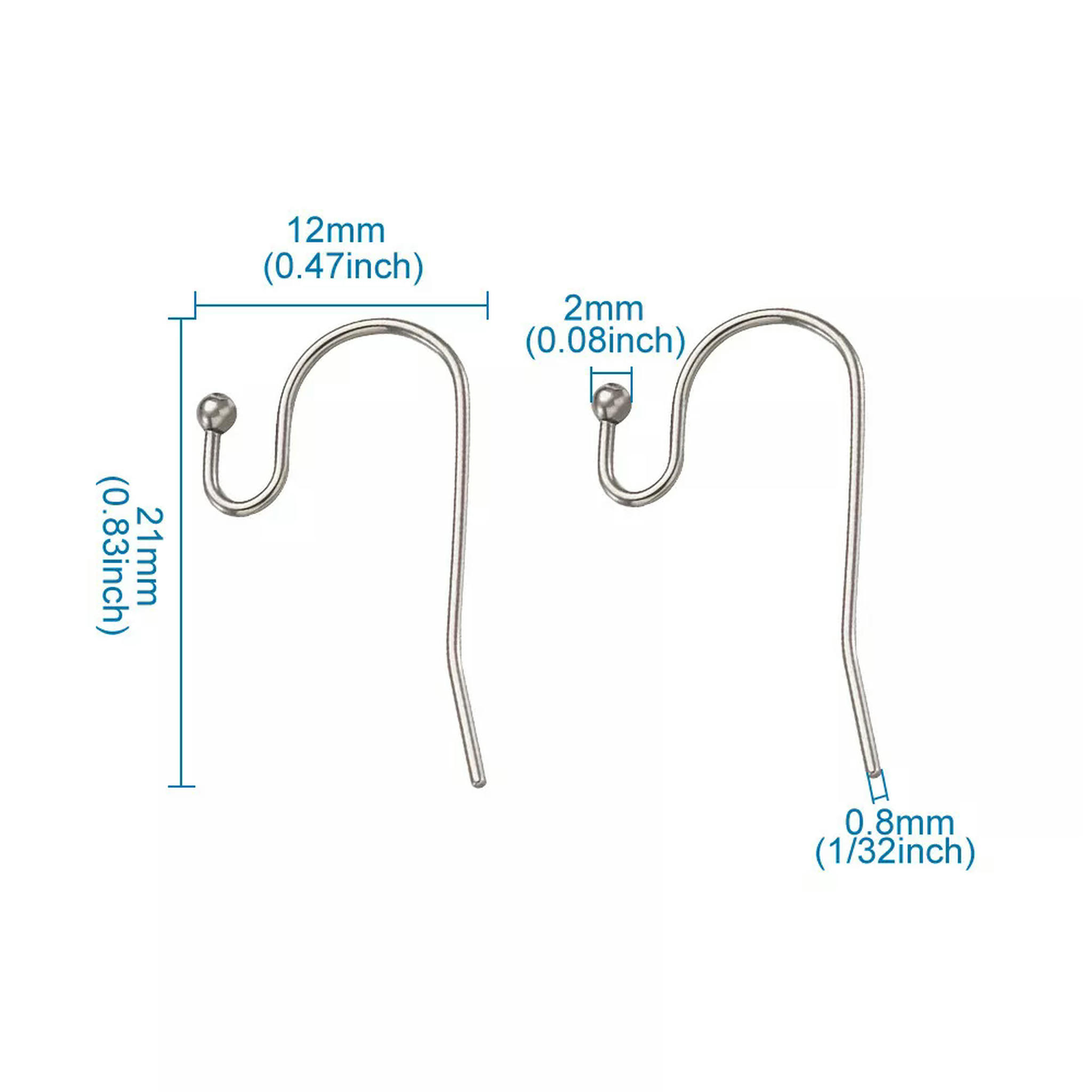U8MO 200pc 304 Stainless Steel Earring Hooks French Ear Wire Ball End S-Hooks 21x12mm